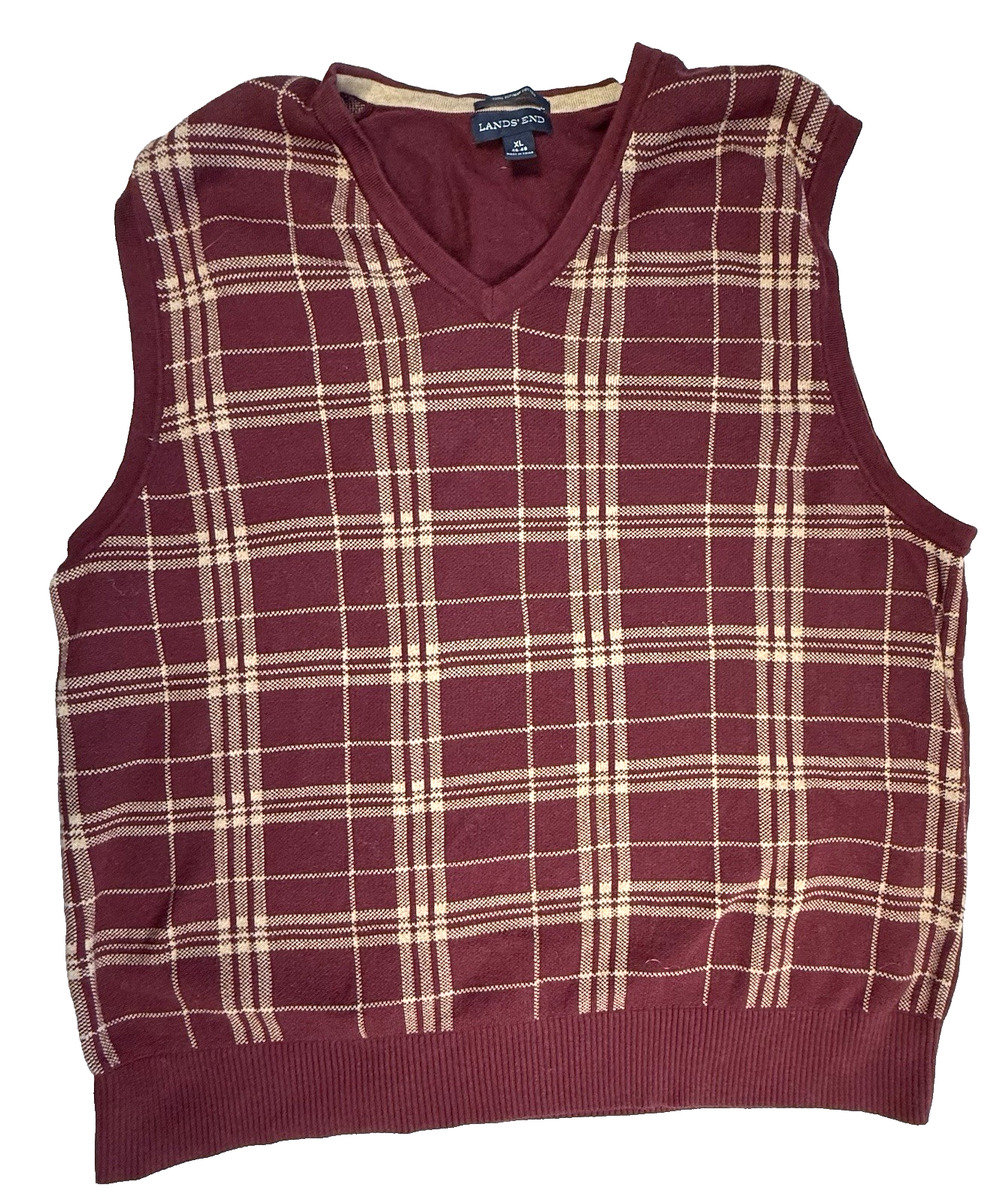 Land's End Men's XL Plaid Sweater Vest Burgundy Maroon Grandpacore Academia